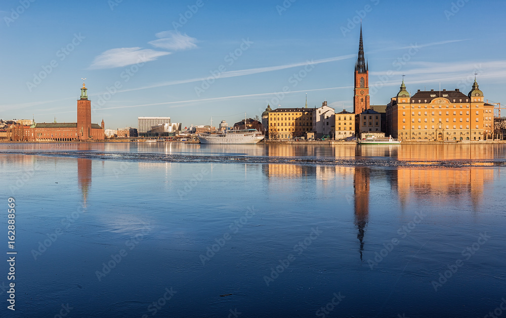 View over Stockholm City-hall and Riddarholmen island.