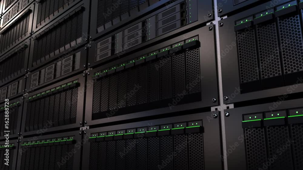 Server racks. Cloud storage technology or modern data center concepts. 4K seamless loop motion background