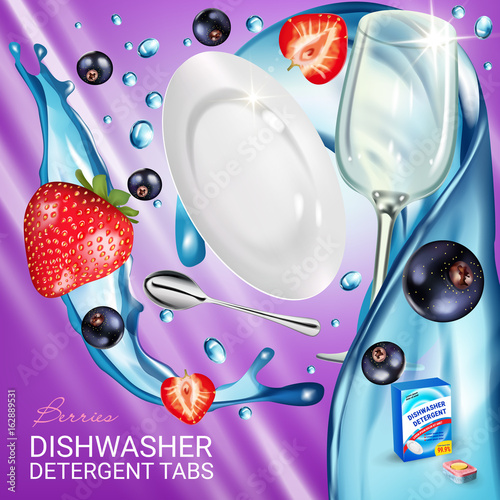 Berries fragrance dishwasher detergent tabs ads. Vector realistic Illustration with dishes in water splash, strawberry and blackcurrant. Poster
