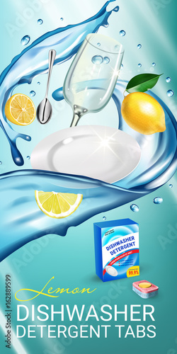 Lemon fragrance dishwasher detergent tabs ads. Vector realistic Illustration with dishes in water splash and citrus fruits. Vertical banner