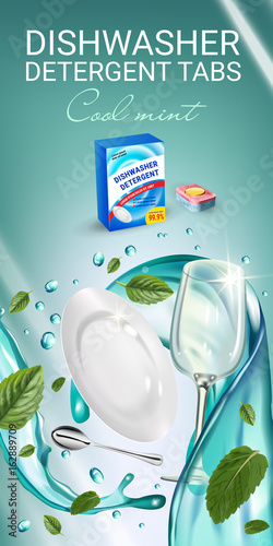 Peppermint fragrance dishwasher detergent tabs ads. Vector realistic Illustration with dishes in water splash and mint leafs. Vertical banner