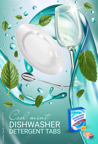 Peppermint fragrance dishwasher detergent tabs ads. Vector realistic Illustration with dishes in water splash and mint leafs. Vertical poster