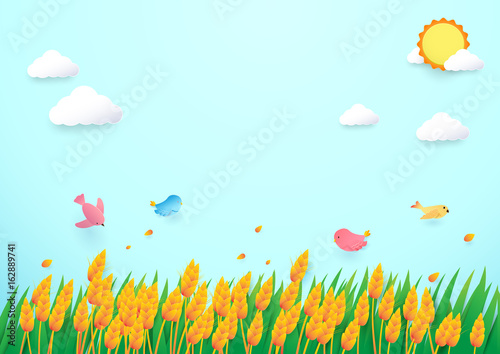 Paper art style Barley field and birds sun and cloud background