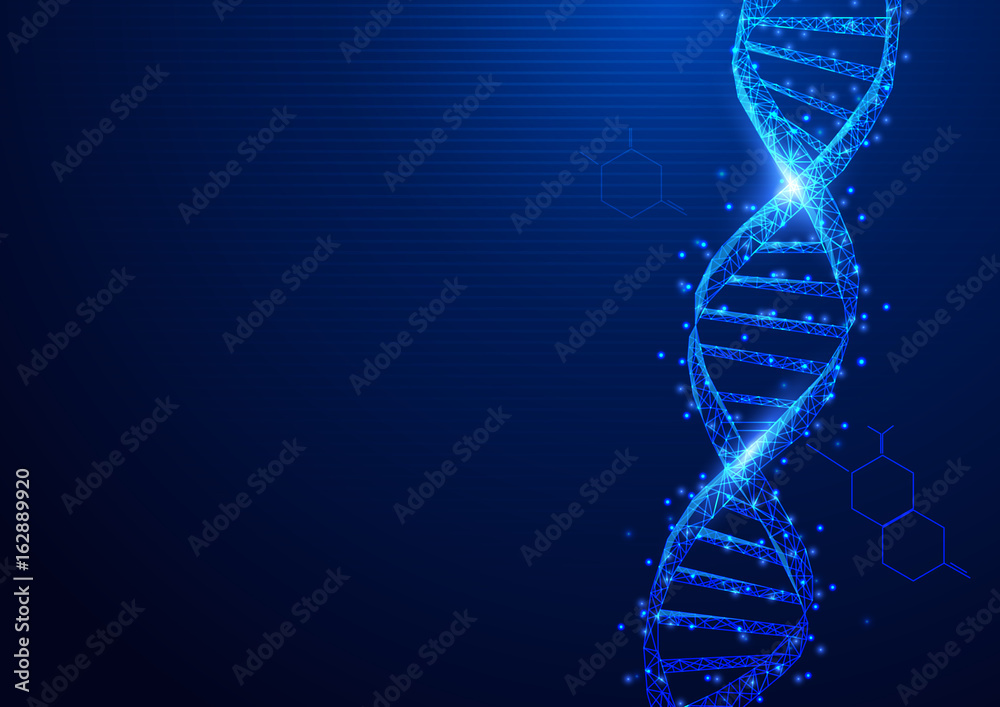Wireframe DNA molecules structure mesh from a starry on blue background. Science and Technology concept