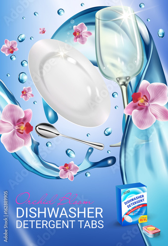 Orchid fragrance dishwasher detergent tabs ads. Vector realistic Illustration with dishes in water splash and flowers. Vertical poster