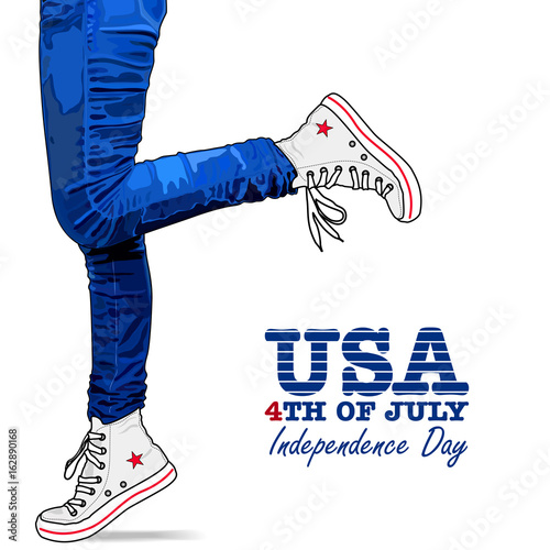 Photo realistic woman legs in jeans and shoes. Patriotic isolated clothes on white background. 4th Of July Vector illustration. USA style.