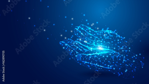 Wireframe Praying Hands Islamic mesh from a starry on blue background. Ramadan Kareem concept