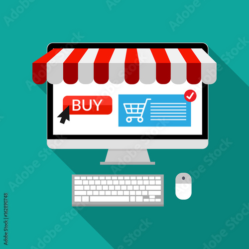 Online shopping and online store concept. Computer with screen buy. Vector illustration icon.