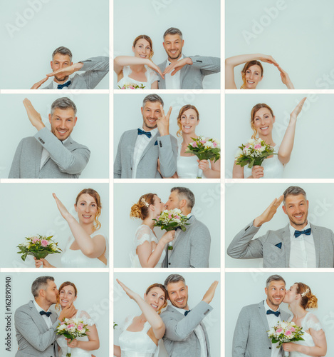 modern wedding couple in their engagement with photobooth photo