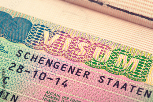 European Union Schengen zone visa in passport - close up shot