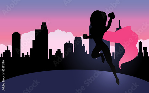Superwoman fliegt vor einer Stadt