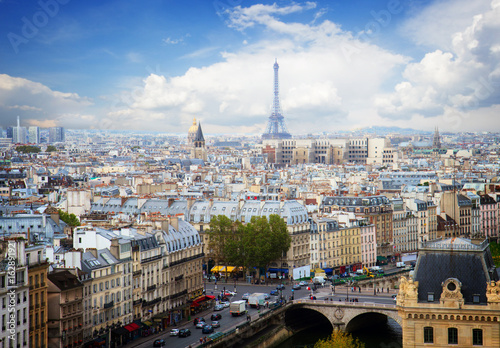 skyline of Paris city with blue sky, France, retro toned