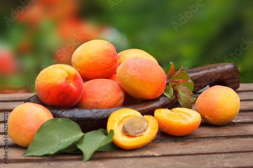 Apricot. Ripe Organic Apricots with leaves on wooden table. Blurred greens in the background. 