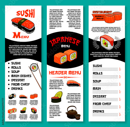 Sushi bar vector menu template of Japanese dishes