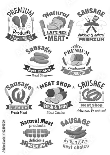 Vector butchery meat and sausages shop icons set