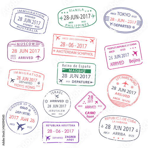 Vector icons of world travel city passport stamps