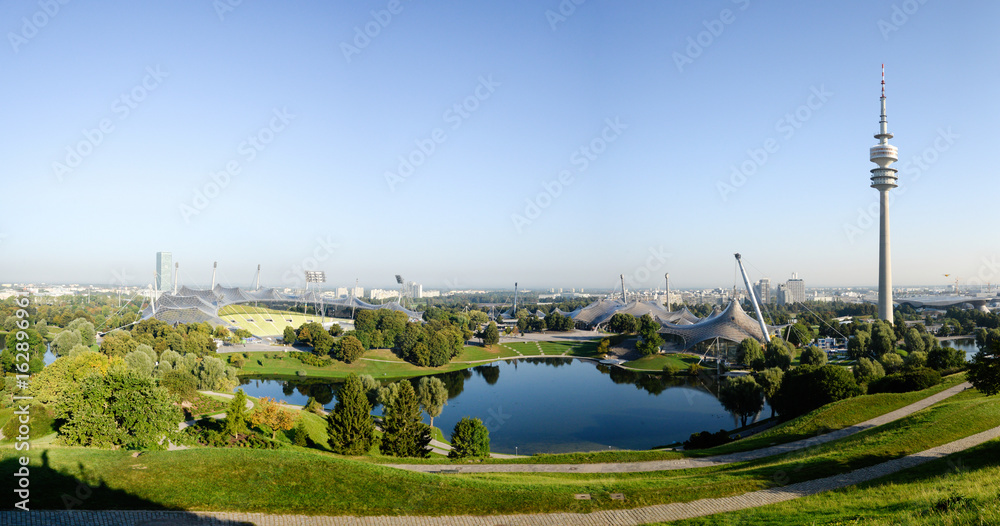Naklejka premium MUNICH, GERMANY - September 13, 2016: Panorama of Olympic park with TV-tower 