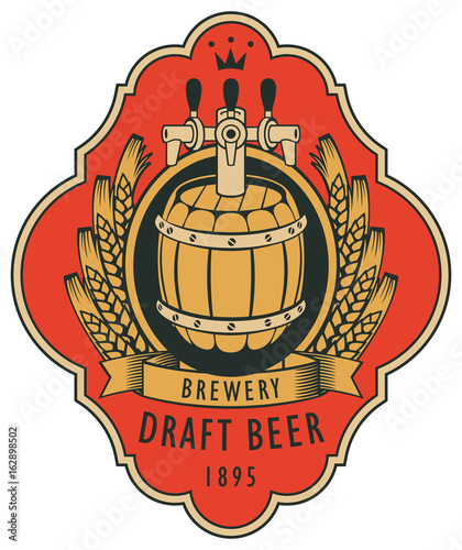 Template beer label with barrel, coat of arms, ears of wheat and ribbon in curly frame. Vector label for draft beer on red background in retro style.