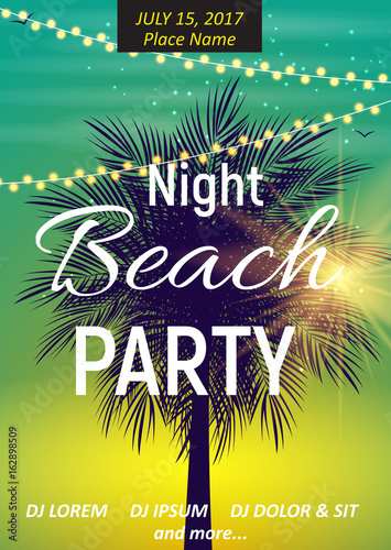 Summer Night Beach Party Poster. Tropical Natural Background  wi