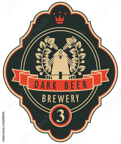 Template beer label with windmill, laurel wreath and ribbon in curly frame. Vector label for dark beer on black background in retro style.