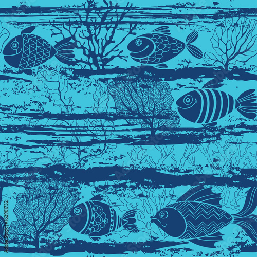 Underwater life. Seamless vector pattern with hand-drawn fish. Marine cartoon background.