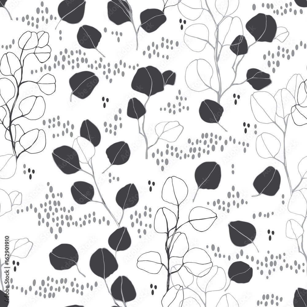 Seamless floral pattern with hand-drawn abstract plants on a white background. Monochrome background. Seamless floral pattern with hand-drawn abstract plants on a white background. Monochrome background.