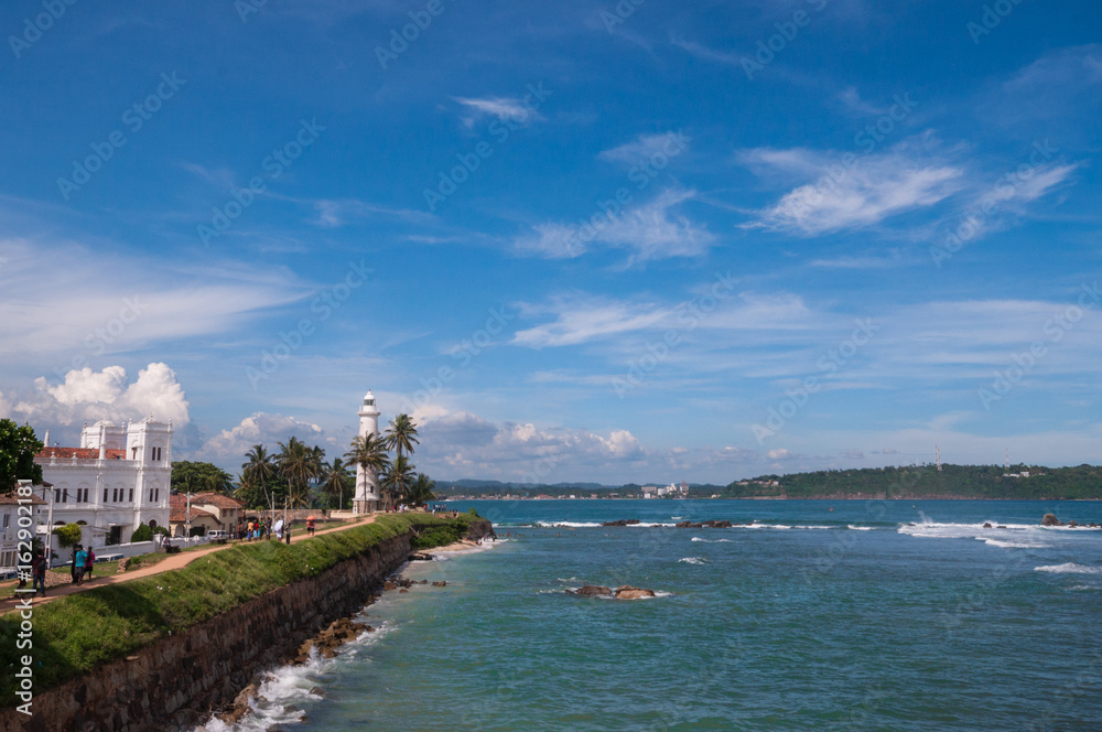 Beautiful view of the famous white lighthouse in Fort Galle, Sri Lanka