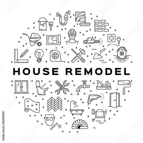 Home Repair circle infographics Сonstruction icon. House remodel thin line art icons. Symbols hammer and screwdriver, plumbing, hard hat, construction tools, wallpaper. Vector illustration