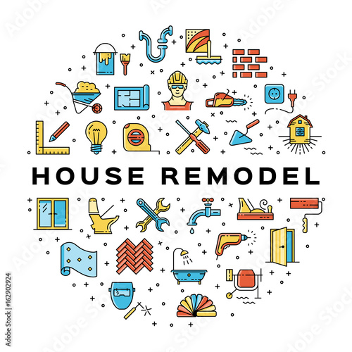 House remodel circle infographics Сonstruction icon. Home repair thin line art icons. Symbols hammer and screwdriver, plumbing, construction tools, wallpaper and etc. Vector flat illustration