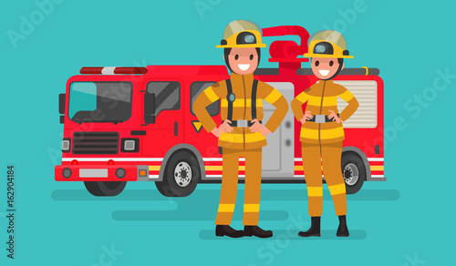 Fire service workers man and woman. Firefighters on the background of the service car