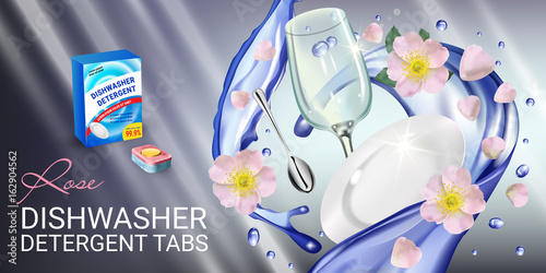 Rose fragrance dishwasher detergent tabs ads. Vector realistic Illustration with dishes in water splash and flowers. Horizontal banner