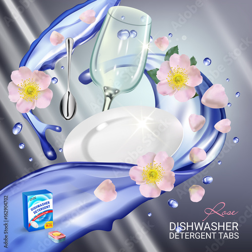 Rose fragrance dishwasher detergent tabs ads. Vector realistic Illustration with dishes in water splash and flowers. Poster