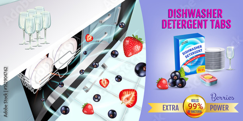 Berries fragrance dishwasher detergent tabs ads. Vector realistic Illustration with dishwasher in kitchen counter and detergent package. Horizontal banner