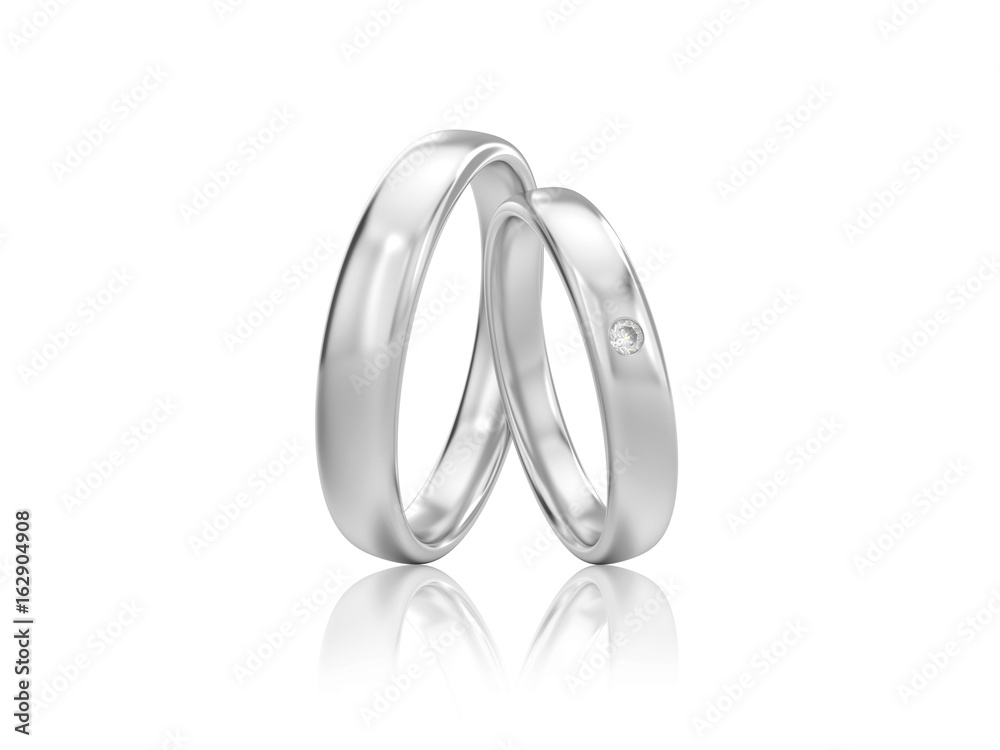 3D illustration two silver classic wedding rings with diamond with reflection 3D illustration two silver classic wedding rings with diamond with reflection