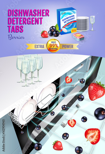 Berries fragrance dishwasher detergent tabs ads. Vector realistic Illustration with dishwasher in kitchen counter and detergent package. Vertical poster