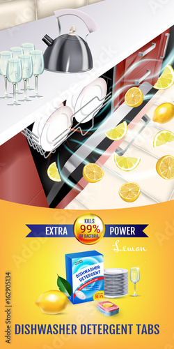 Lemon fragrance dishwasher detergent tabs ads. Vector realistic Illustration with dishwasher in kitchen counter and detergent package. Vertical banner