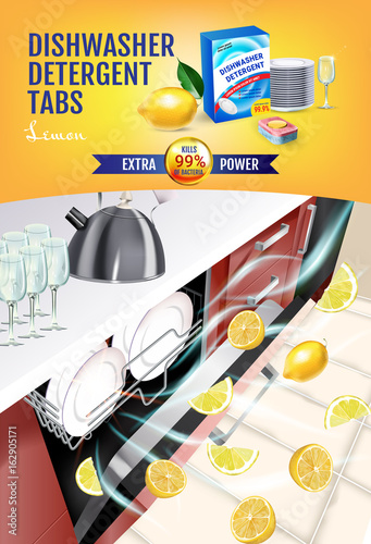 Lemon fragrance dishwasher detergent tabs ads. Vector realistic Illustration with dishwasher in kitchen counter and detergent package. Vertical poster