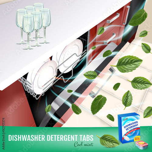 Cool mint fragrance dishwasher detergent tabs ads. Vector realistic Illustration with dishwasher in kitchen counter and detergent package. Poster