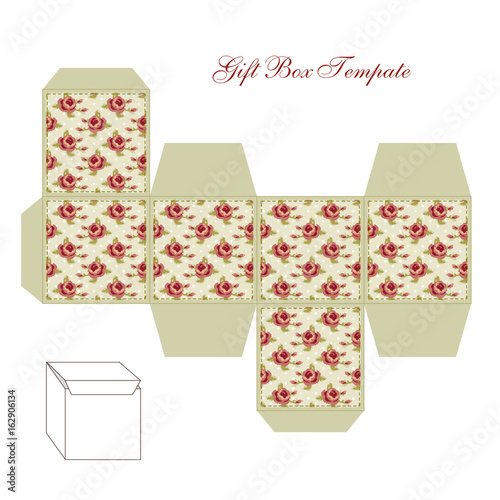 Cute retro square gift box template with shabby chic ornament to print, cut and fold