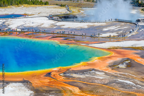 People on walkway around famous Grand Prismatic Spring in Yellowstone National Park
