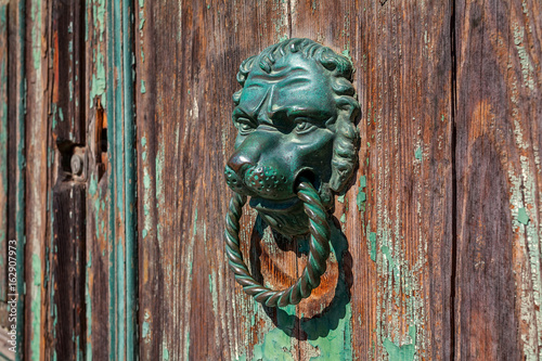 Lion doorknob on old wooden door.