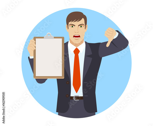 Businessman holding the clipboard showing thumb down gesture as rejection symbol