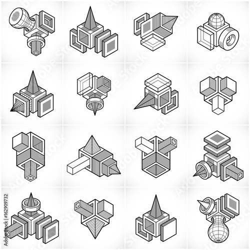 3D engineering vectors, abstract shapes collection.