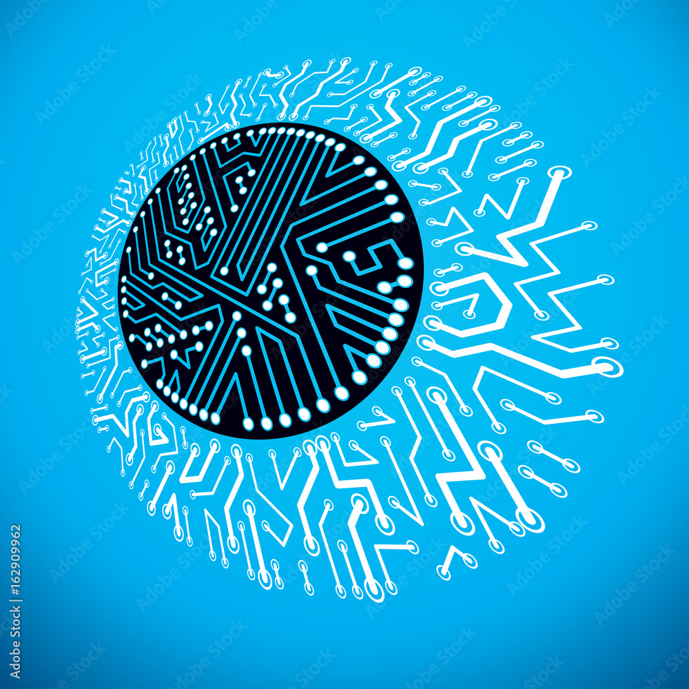 Vector abstract computer circuit board illustration, circular technology element with connections. Electronics theme web design.