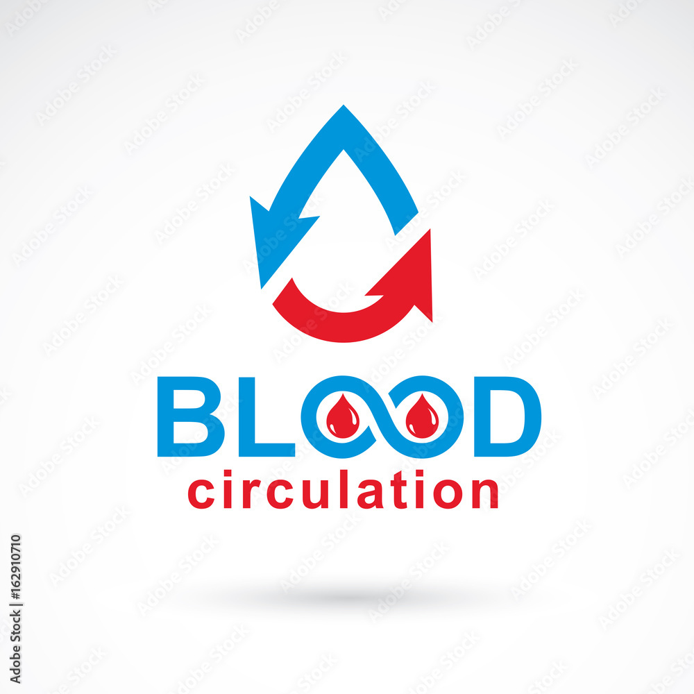 Vector illustration of heart shape with arrows and drops of blood. Blood circulation concept, rehabilitation creative symbol isolated on white. Vector illustration of heart shape with arrows and drops of blood. Blood circulation concept, rehabilitation creative symbol isolated on white.