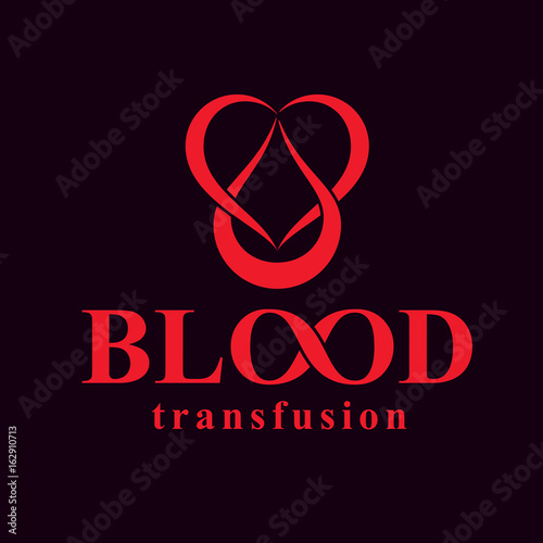 Blood transfusion inscription isolated on white and made using vector red blood drops, heart shape and limitless symbol. Take a concern about human life and health, blood donation logo.