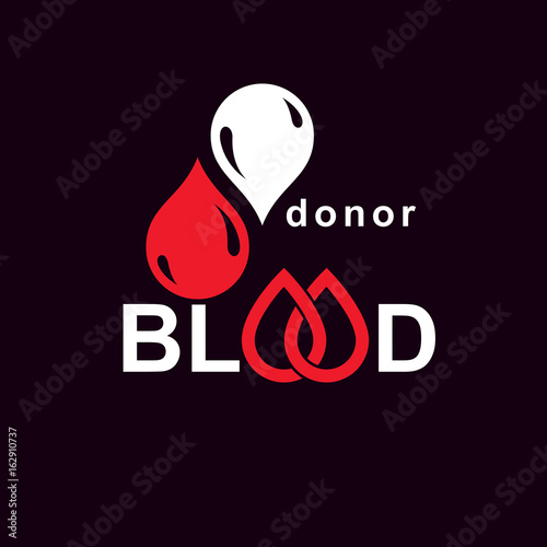Blood donor inscription isolated on white. Vector red blood drops. Save life and donate blood. Medical care emblem.