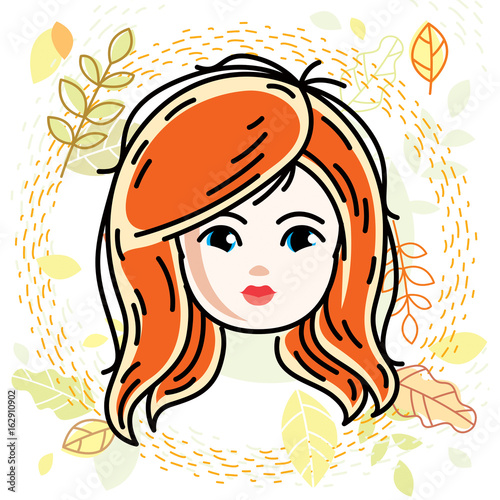 Girls face  human head. Vector character  beautiful red-haired teenager with stylish haircut.