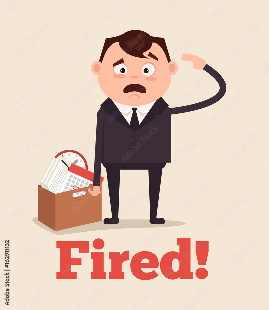 Sad unhappy office worker man character fired from job and leaving office with box. Vector flat cartoon illustration Sad unhappy office worker man character fired from job and leaving office with box. Vector flat cartoon illustration