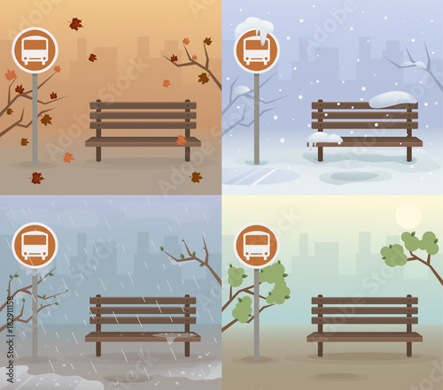 Season bus station set banners. Vector flat cartoon illustration